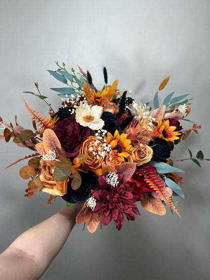 Wedding Bouquet Terracotta Burnt Bridal Rust Bouquet Black Orange Halloween Decor Burgundy Fall Eucalyptus Handmade Artificial Flower