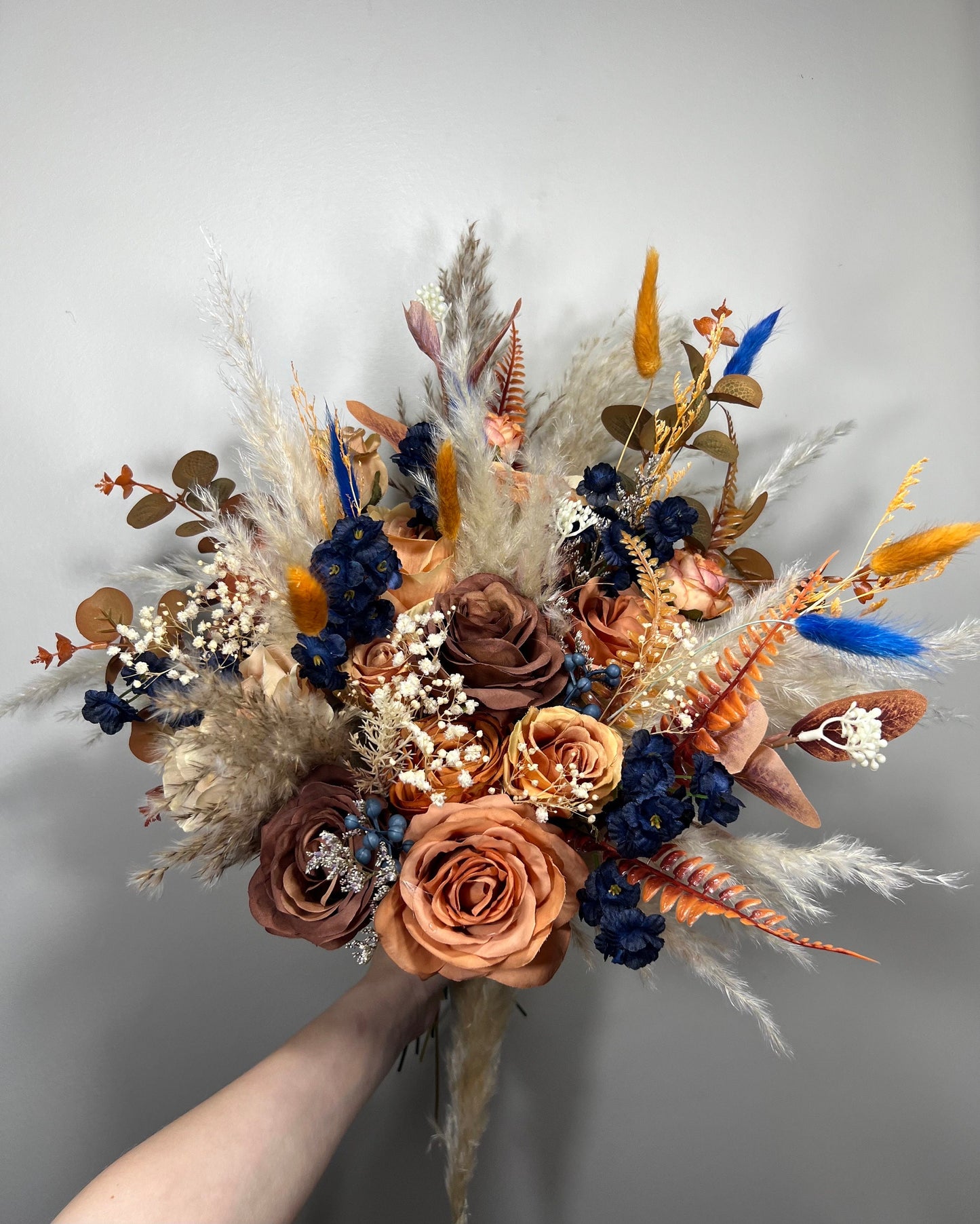 Wedding Bouquet Navy Blue Terracotta Boho Bridal Rust Wedding Burnt Orange Brown Pumpkin Decor Handmade Artificial Flower Pampas Grass