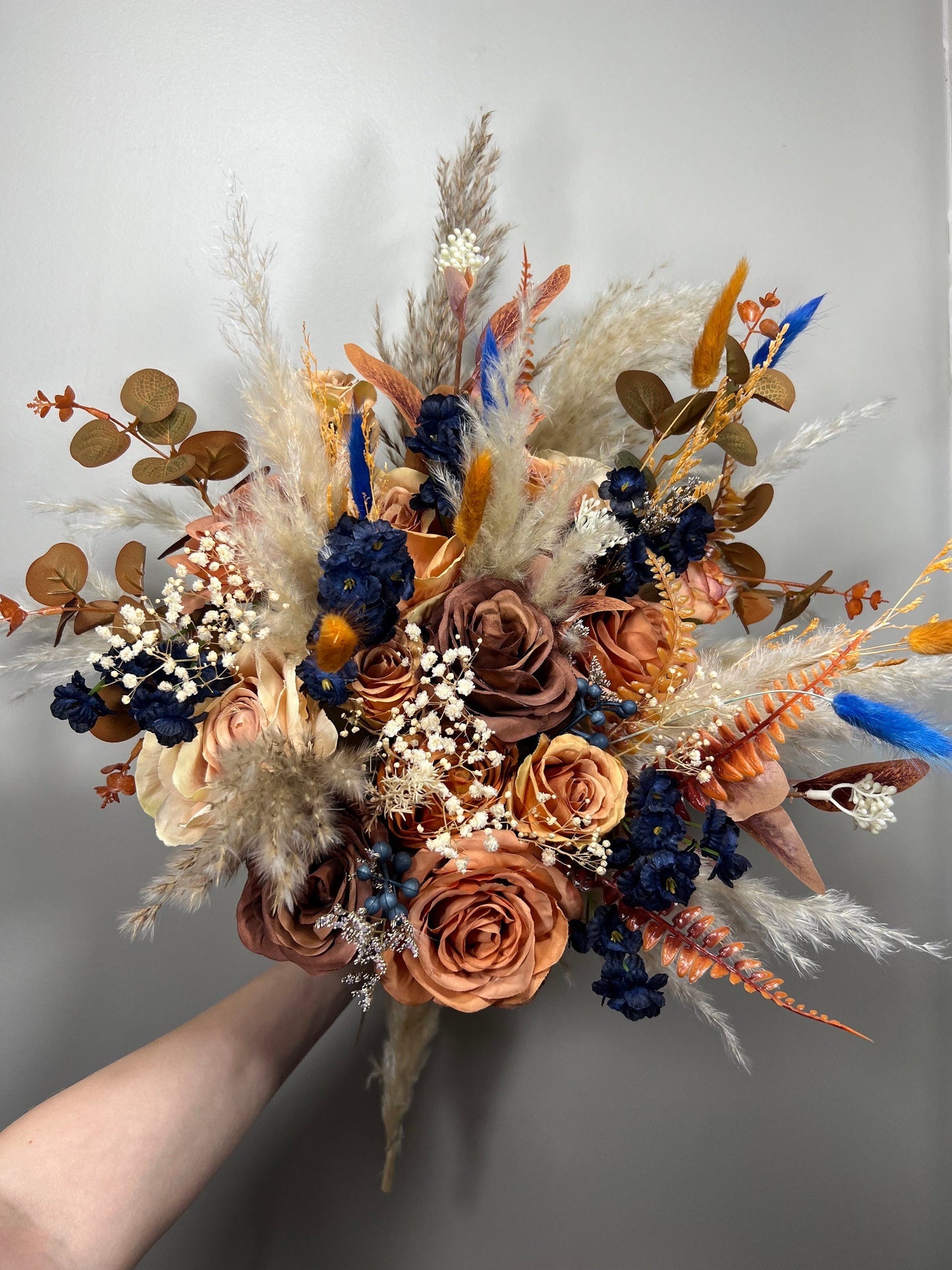 Wedding Bouquet Navy Blue Terracotta Boho Bridal Rust Wedding Burnt Orange Brown Pumpkin Decor Handmade Artificial Flower Pampas Grass