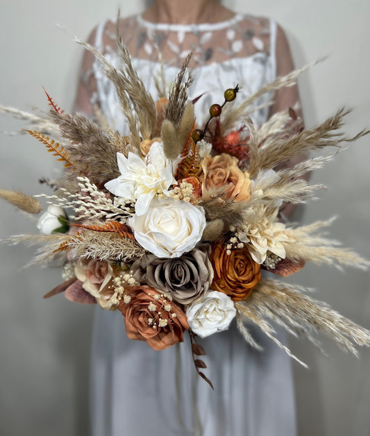 Wedding Bouquet Terracotta Boho Bridal Cascade Rust Wedding Burnt Orange Bridesmaids Decor Fall Handmade Artificial Flower Pampas Grass