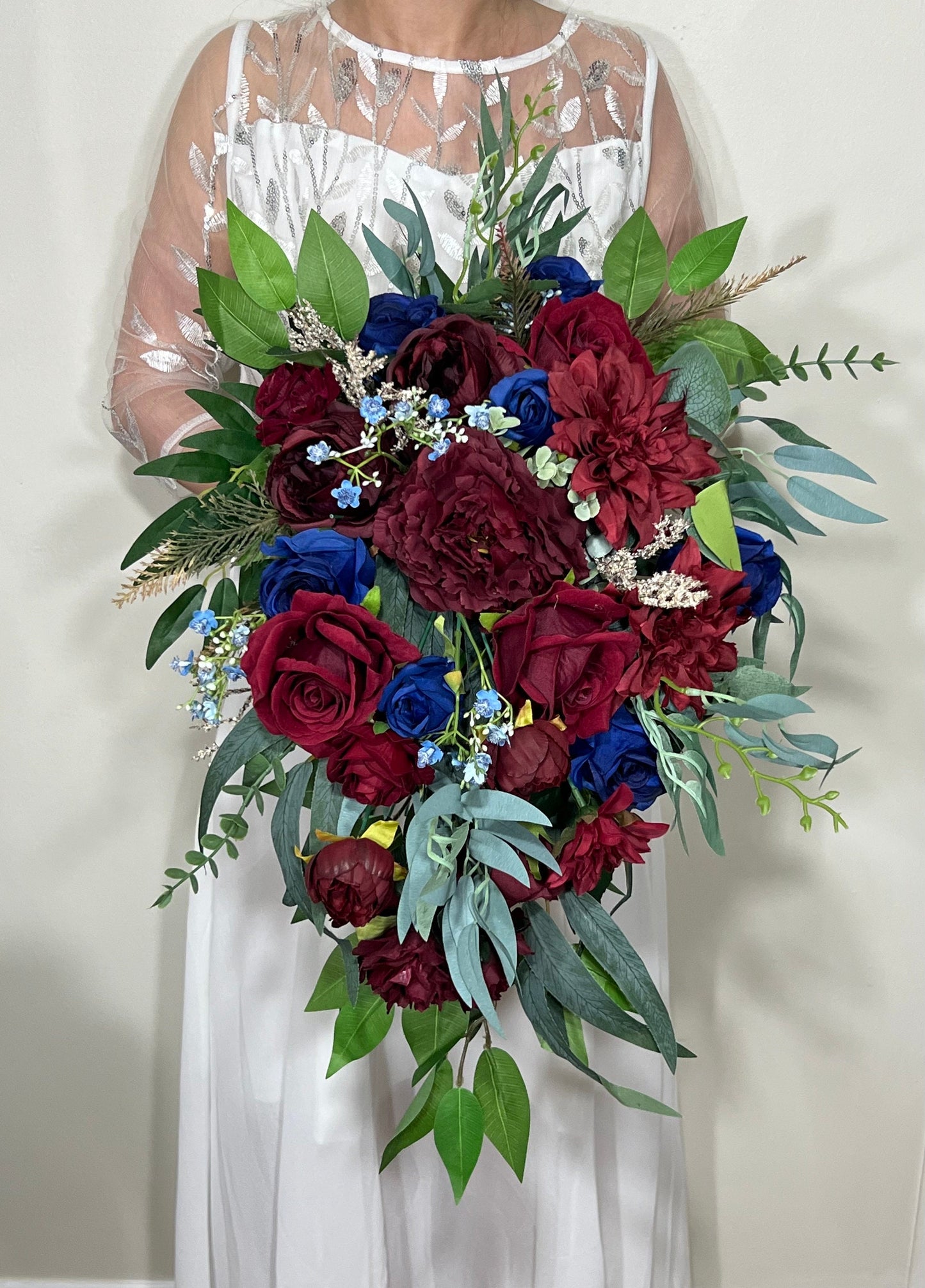 Wedding Cascade Bouquet Burgundy Navy Blue Bridal Cascading Bouquet Wedding Cascade Decor Eucalyptus Handmade Flower Artificial