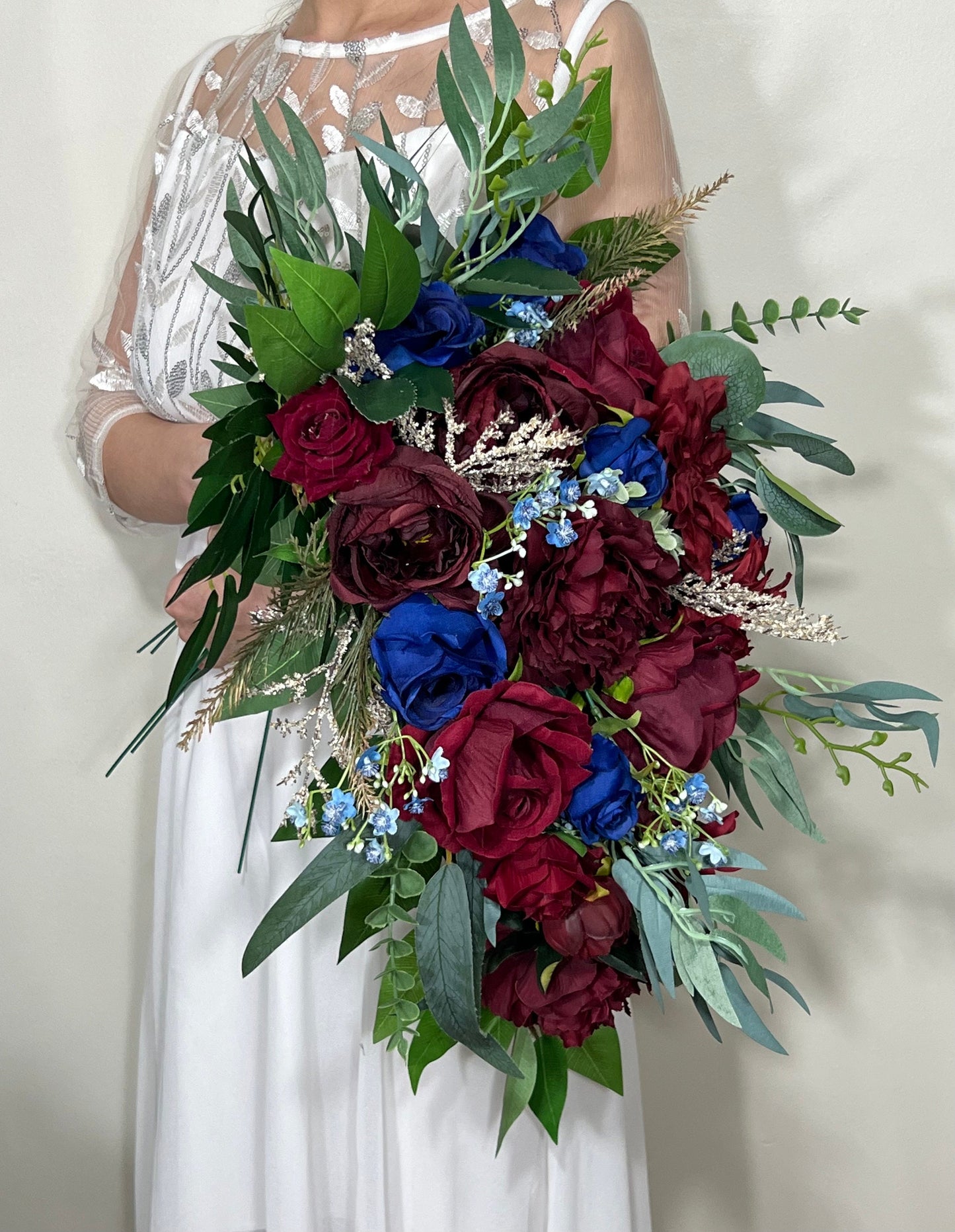 Wedding Cascade Bouquet Burgundy Navy Blue Bridal Cascading Bouquet Wedding Cascade Decor Eucalyptus Handmade Flower Artificial