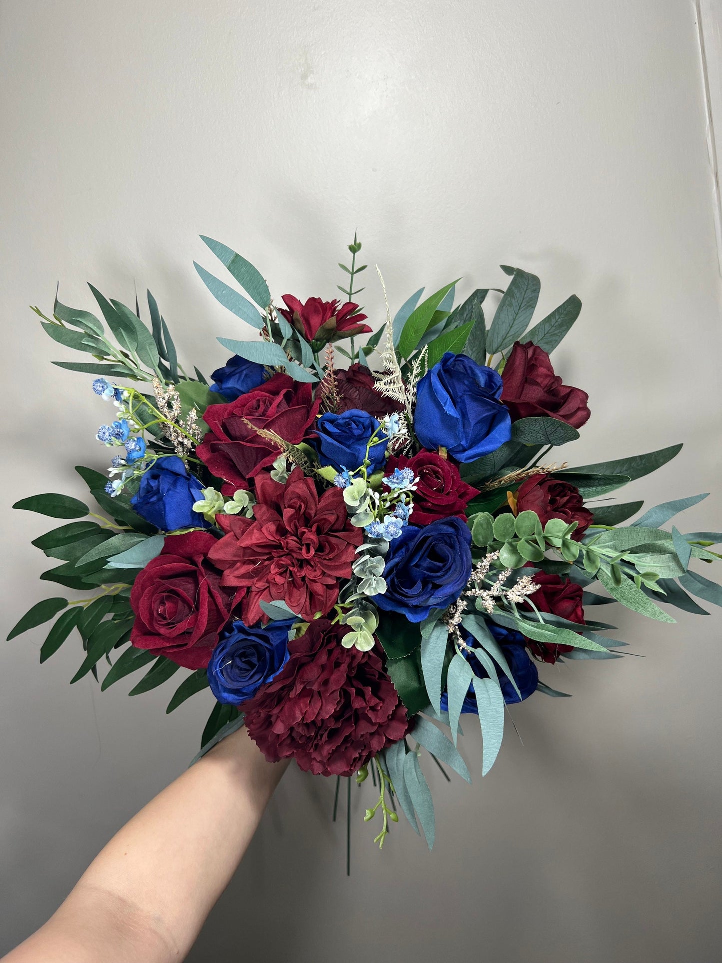 Wedding Cascade Bouquet Burgundy Navy Blue Bridal Cascading Bouquet Wedding Cascade Decor Eucalyptus Handmade Flower Artificial