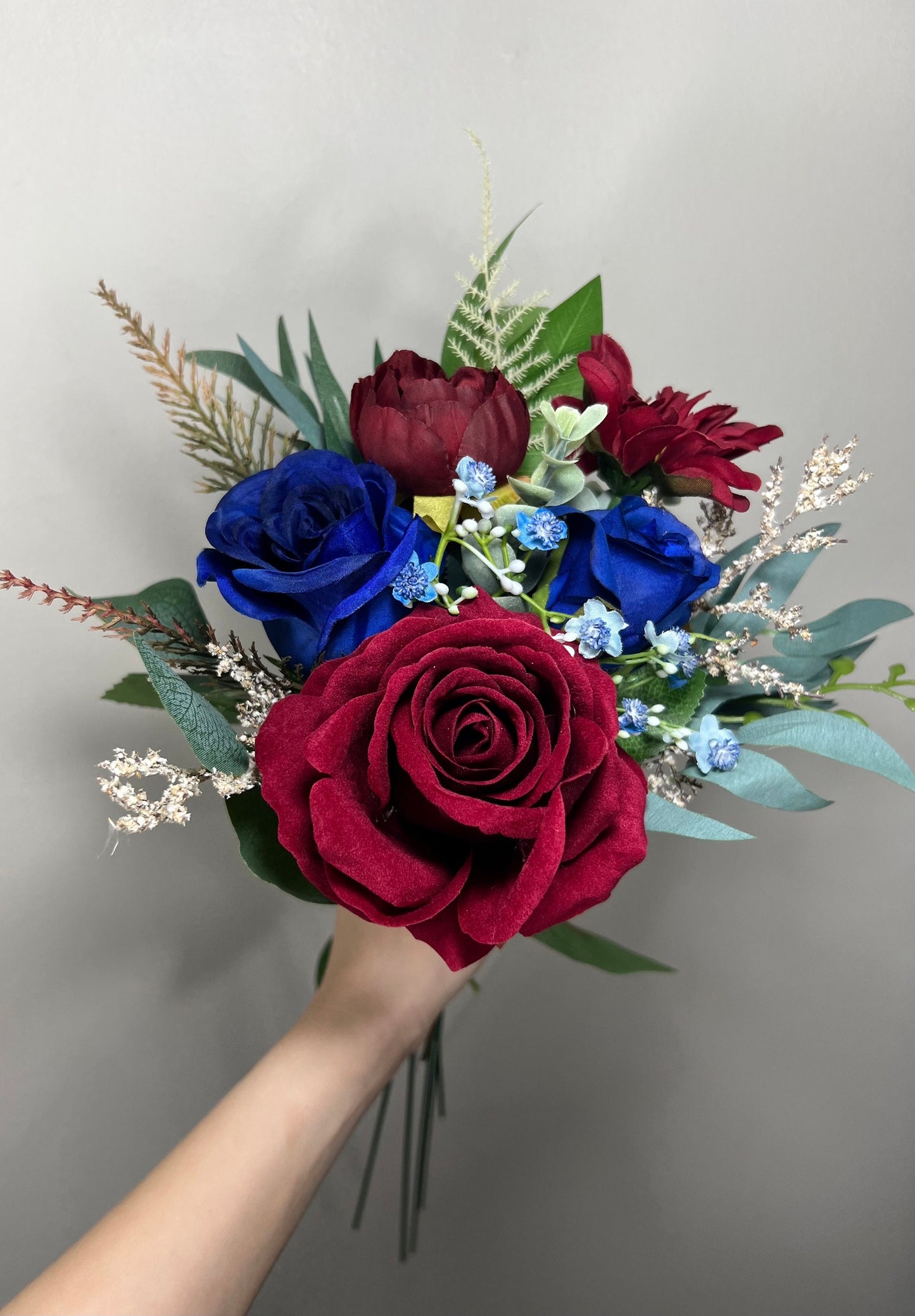 Wedding Cascade Bouquet Burgundy Navy Blue Bridal Cascading Bouquet Wedding Cascade Decor Eucalyptus Handmade Flower Artificial