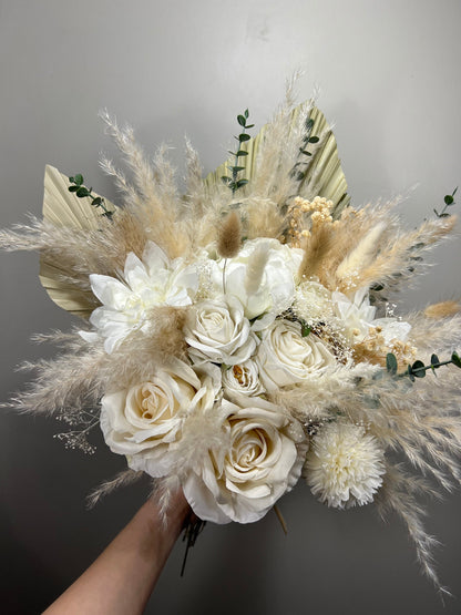 Wedding Bouquet Boho Bridal White Eucalyptus Bouquet Pampas Grass Bridesmaids Decor Palms Leaves Handmade Ivory Artificial Faux Flower