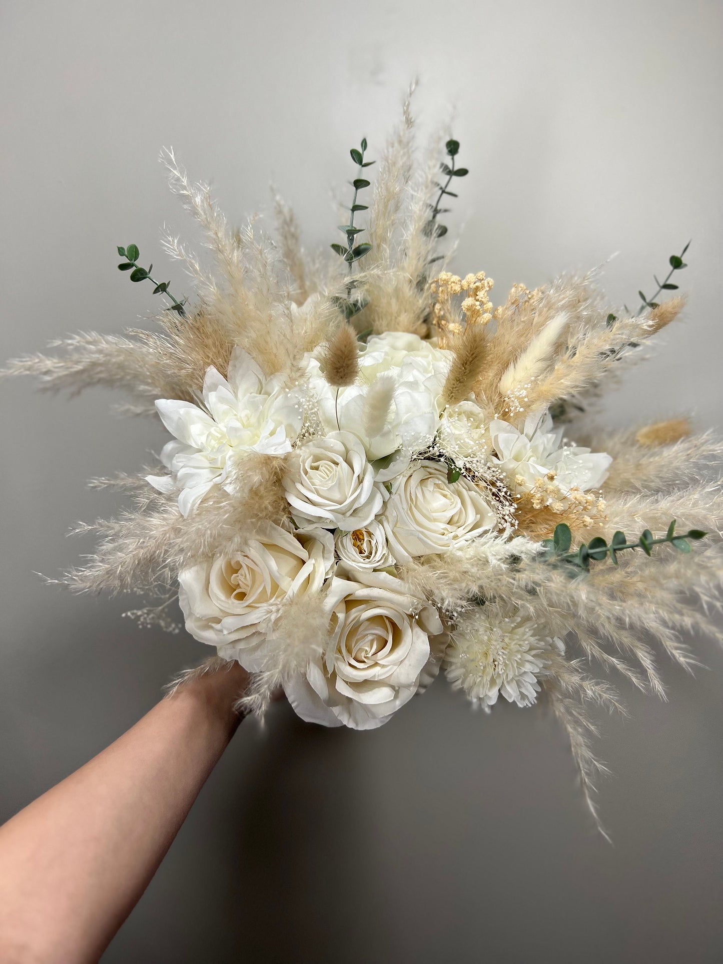 Wedding Bouquet Boho Bridal White Eucalyptus Bouquet Pampas Grass Bridesmaids Decor Palms Leaves Handmade Ivory Artificial Faux Flower