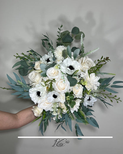 Wedding Bouquet White Anemone Wedding Ivory Anemone Cascade Bouquet Greenery Classic White Anemone Eucalyptus Handmade Decor Artificial Sage