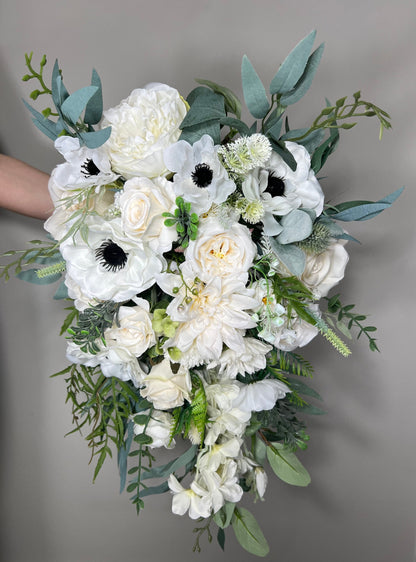 Wedding Bouquet White Anemone Wedding Ivory Anemone Cascade Bouquet Greenery Classic White Anemone Eucalyptus Handmade Decor Artificial Sage