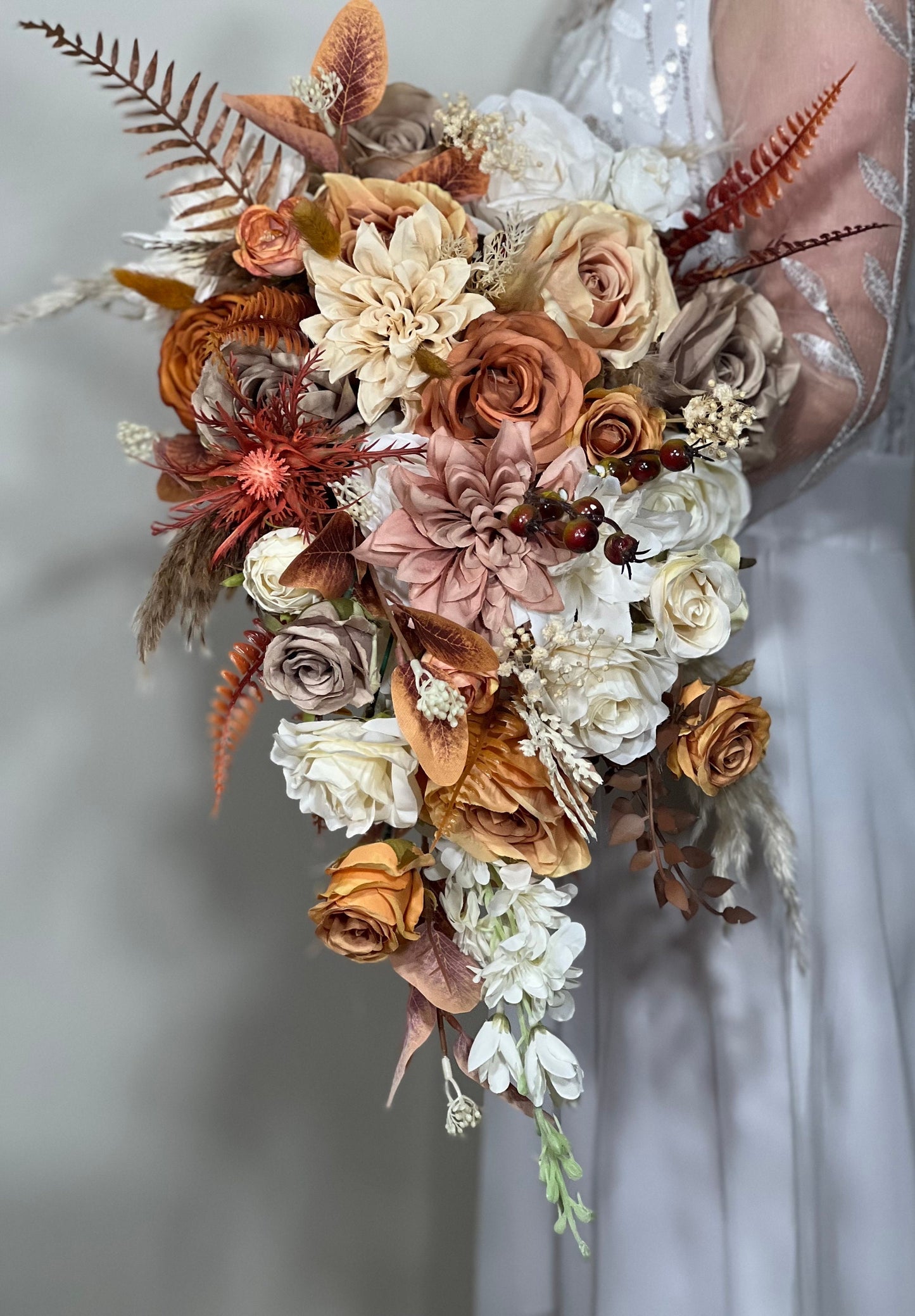 Wedding Cascade Bouquet Terracotta Bridal Cascading Boho Rust Bouquet Wedding Burnt Orange Bridesmaids Decor Handmade Flower Artificial