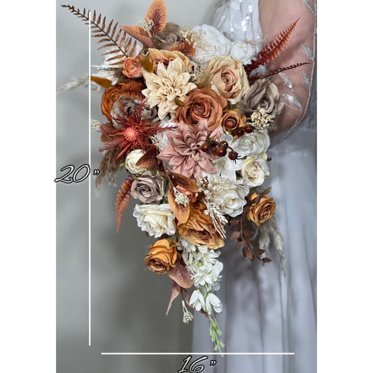 Wedding Cascade Bouquet Terracotta Bridal Cascading Boho Rust Bouquet Wedding Burnt Orange Bridesmaids Decor Handmade Flower Artificial