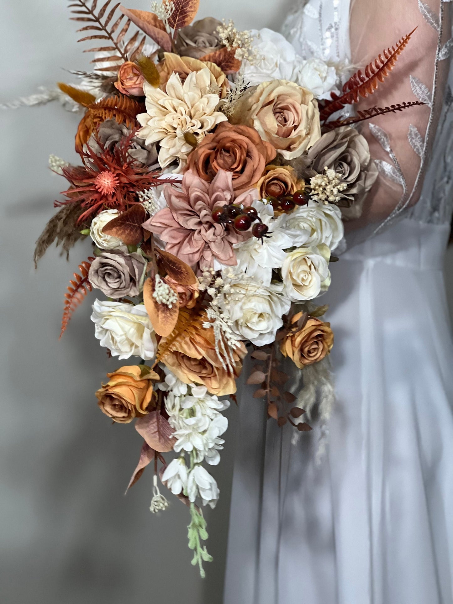 Wedding Cascade Bouquet Terracotta Bridal Cascading Boho Rust Bouquet Wedding Burnt Orange Bridesmaids Decor Handmade Flower Artificial