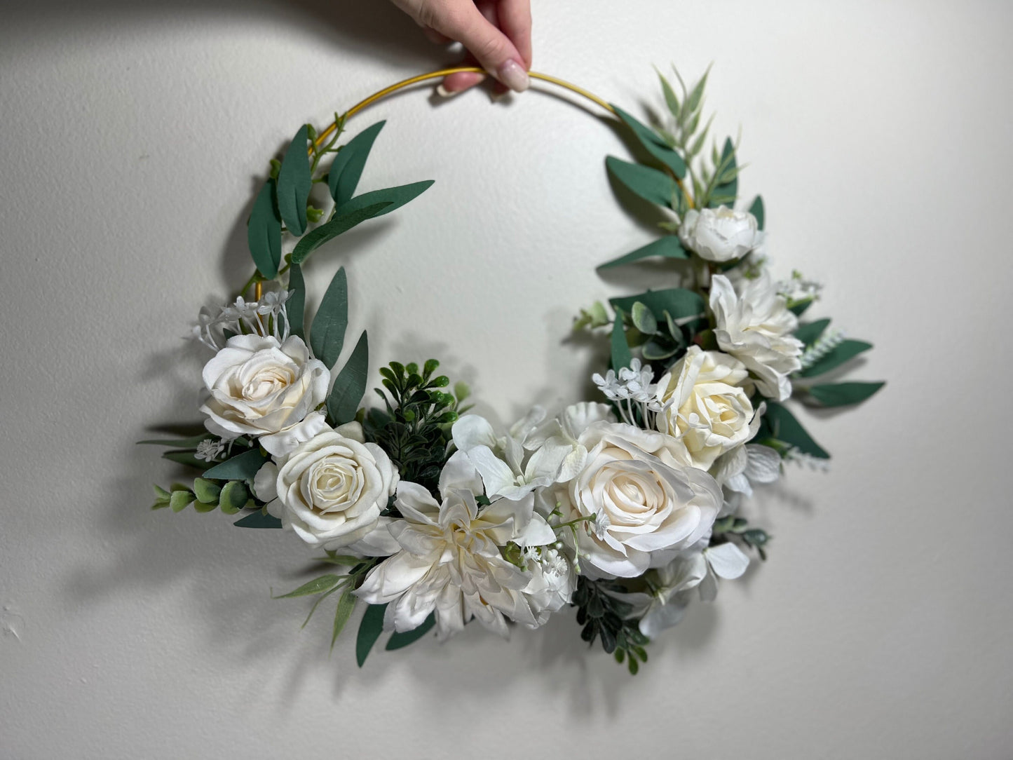 Wedding Hoop White Bridal Ivory Hoop Classic Bridesmaids Ring Wreath Flower Girl Hoop White Eucalyptus Artificial Flower Hydrangea Rose