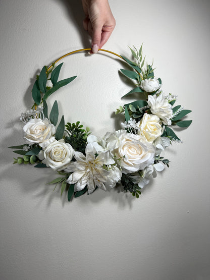 Wedding Hoop White Bridal Ivory Hoop Classic Bridesmaids Ring Wreath Flower Girl Hoop White Eucalyptus Artificial Flower Hydrangea Rose