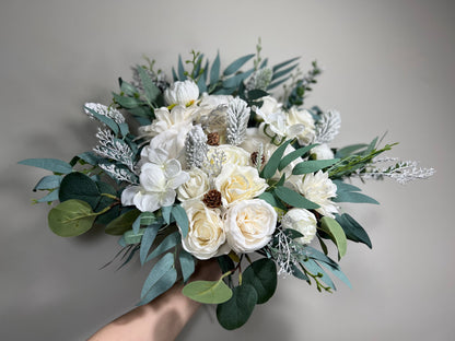 Wedding Bouquet White Winter Christmas Bridal Ivory Rustic Bridesmaids Decor Winter White Christmas Tree Snow Pine Cone Artificial Flower