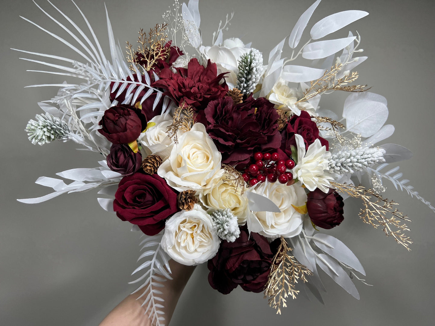 Wedding Bouquet Burgundy Winter Christmas Bridal Ivory Rustic Bridesmaids Decor Gold Christmas Tree Snow Pine Cone Red Berries Artificial