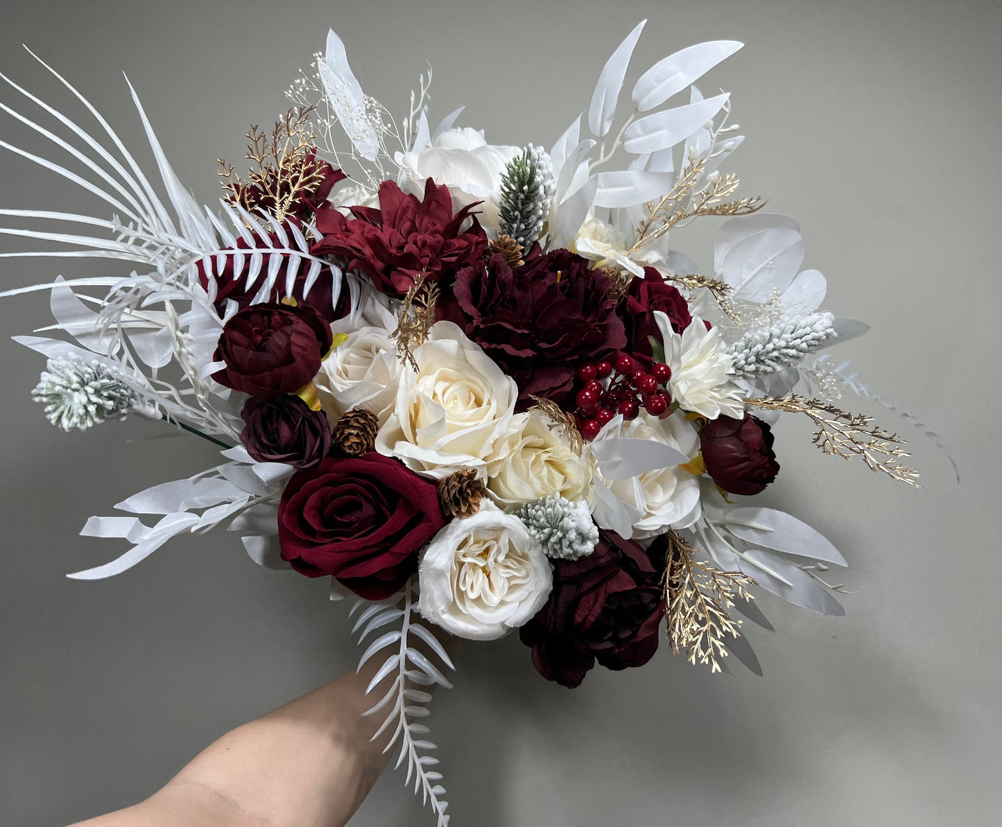 Wedding Bouquet Burgundy Winter Christmas Bridal Ivory Rustic Bridesmaids Decor Gold Christmas Tree Snow Pine Cone Red Berries Artificial