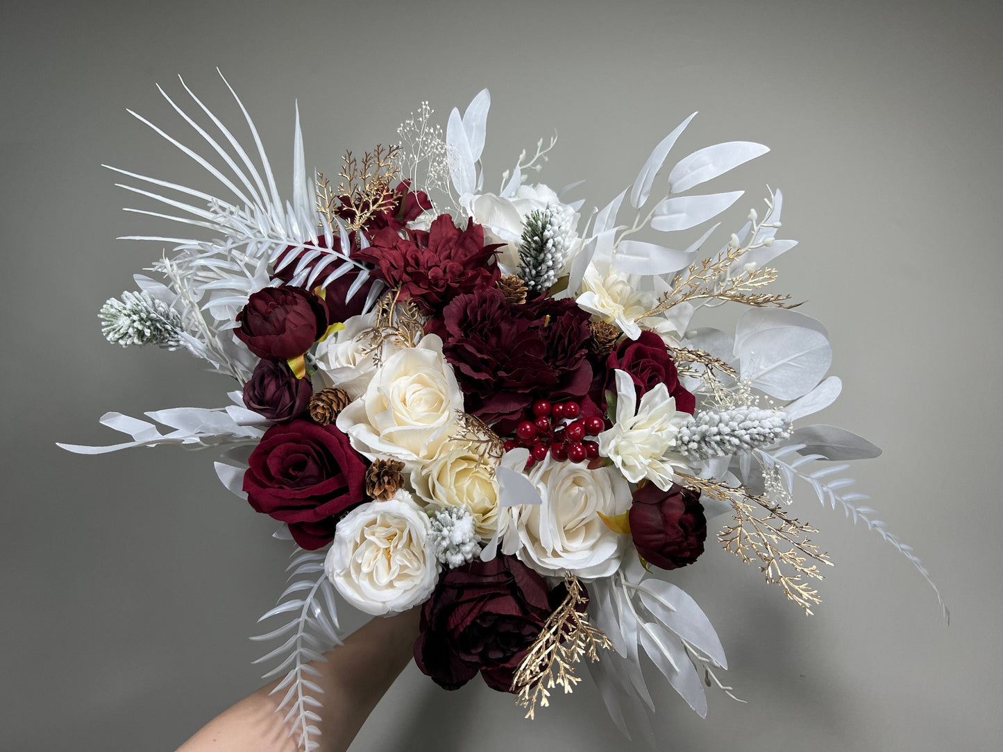 Wedding Bouquet Burgundy Winter Christmas Bridal Ivory Rustic Bridesmaids Decor Gold Christmas Tree Snow Pine Cone Red Berries Artificial