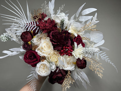 Wedding Bouquet Burgundy Winter Christmas Bridal Ivory Rustic Bridesmaids Decor Gold Christmas Tree Snow Pine Cone Red Berries Artificial