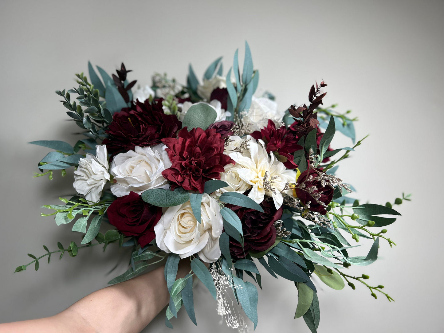 Wedding Bouquet Burgundy Bridal Red Rustic Bouquet Burgundy Bridesmaids White Decor Eucalyptus Dahlia Peony Wedding Baby Breath Rose Ivory