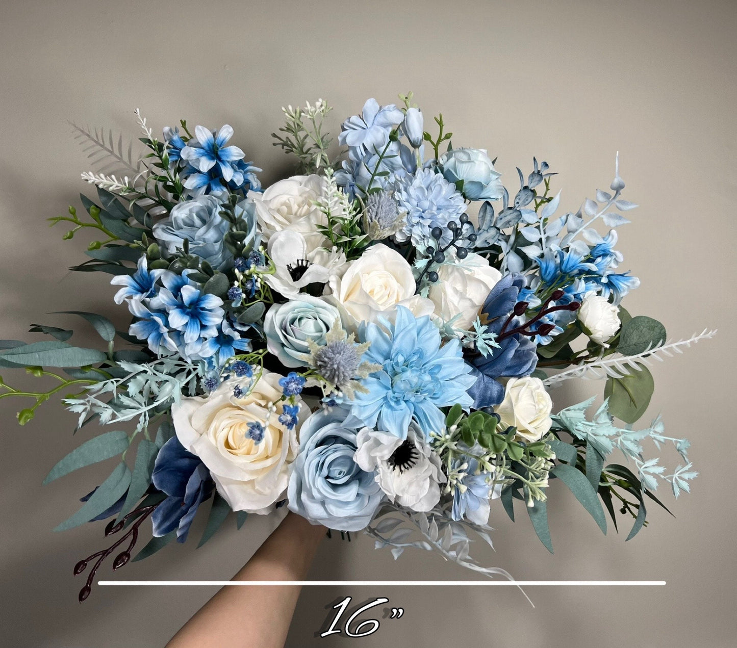 Wedding Bouquet Dusty Blue Bridal Rustic Blue Wedding White Bouquet Anemone Wild Flower Light Blue Winter Eucalyptus Ivory Artificial Flower