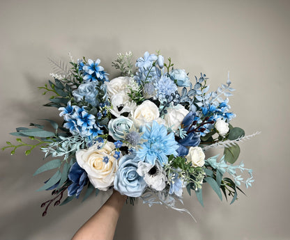 Wedding Bouquet Dusty Blue Bridal Rustic Blue Wedding White Bouquet Anemone Wild Flower Light Blue Winter Eucalyptus Ivory Artificial Flower