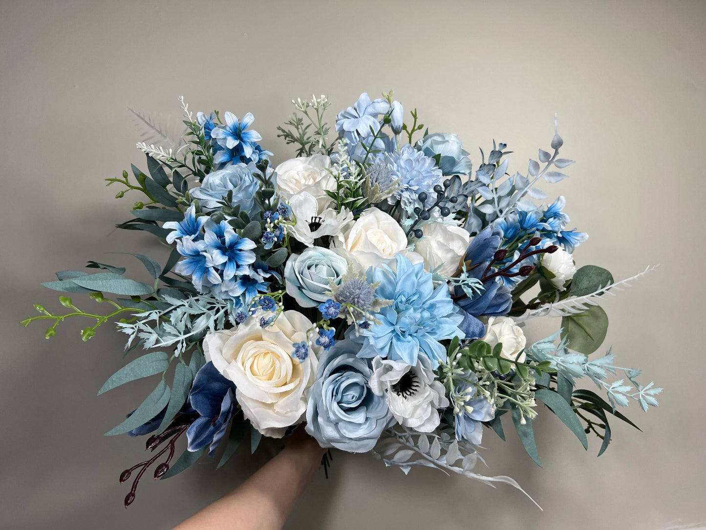 Wedding Bouquet Dusty Blue Bridal Rustic Blue Wedding White Bouquet Anemone Wild Flower Light Blue Winter Eucalyptus Ivory Artificial Flower