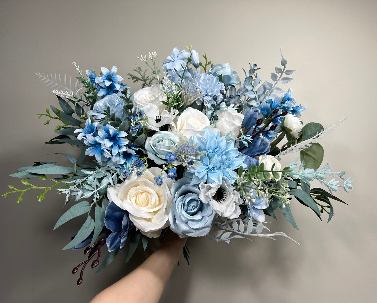 Wedding Bouquet Dusty Blue Bridal Rustic Blue Wedding White Bouquet Anemone Wild Flower Light Blue Winter Eucalyptus Ivory Artificial Flower