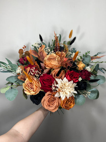 Wedding Bouquet Terracotta Burnt Bridal Rust Bouquet Black Orange Halloween Decor Burgundy Fall Eucalyptus Handmade Artificial Flower