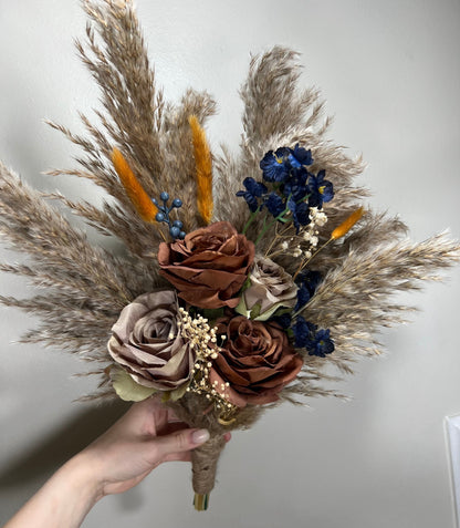 Wedding Bouquet Brown Terracotta Navy Blue Rust Boho Cinnamon Bridal Bouquet Coffee Brown Baby Breath Artificial Flower Dried Pampas Grass