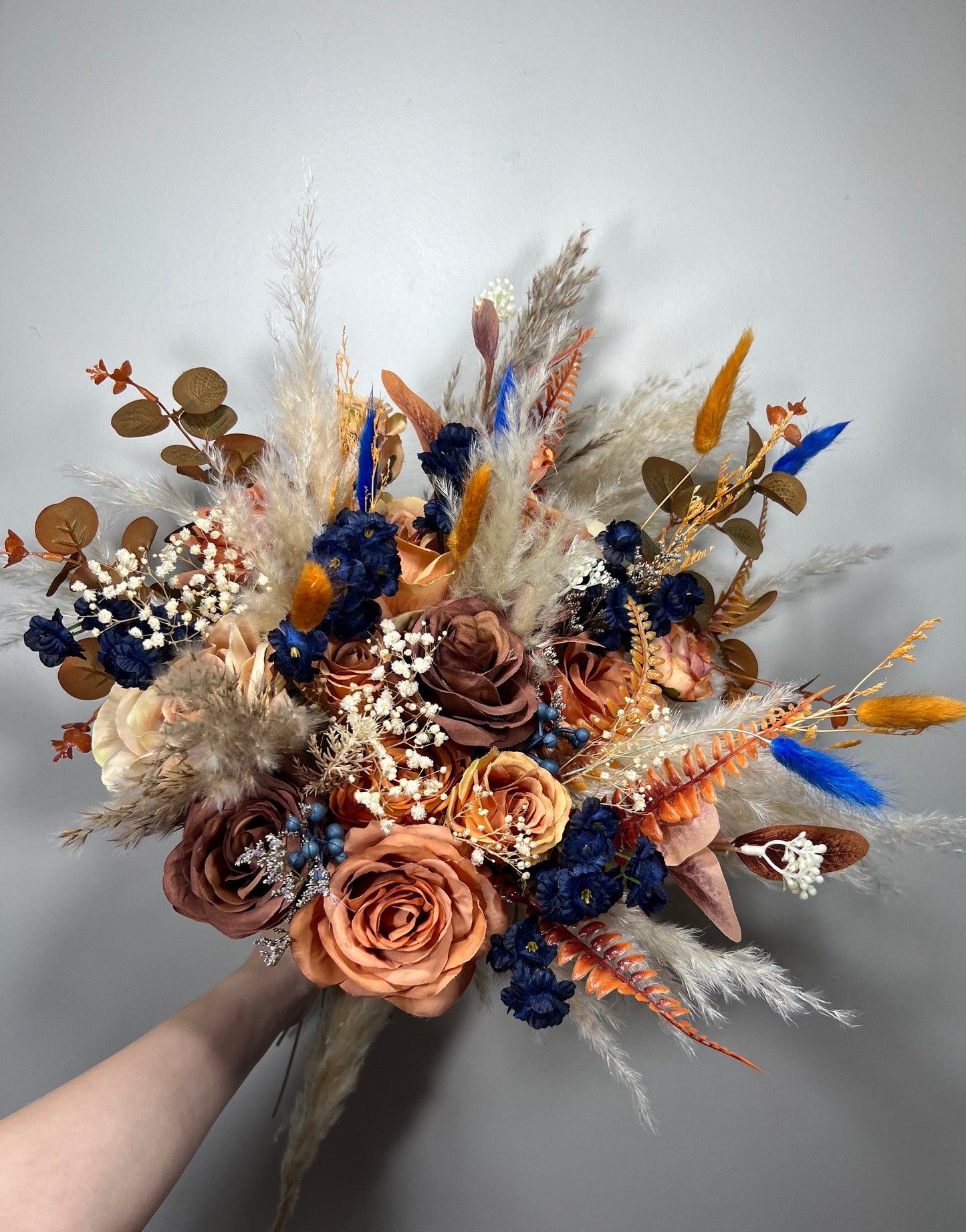 Wedding Bouquet Navy Blue Terracotta Boho Bridal Rust Wedding Burnt Orange Brown Pumpkin Decor Handmade Artificial Flower Pampas Grass