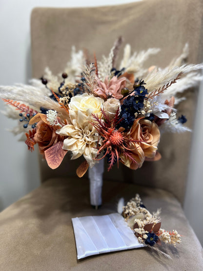 Wedding Bouquet Navy Blue Terracotta Boho Bridal Rust Weddin Burnt Orange Brown Cinnamon Decor Handmade Artificial Flower Pampas Grass Fall