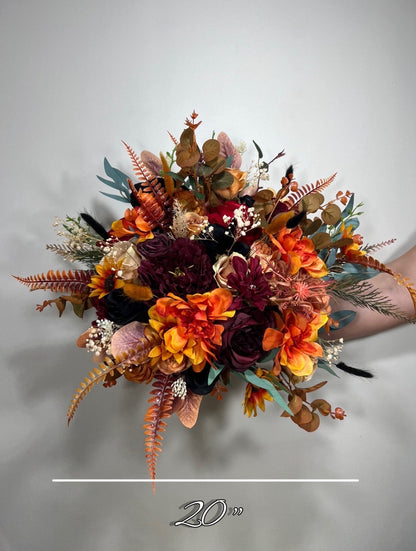 Wedding Bouquet Terracotta Burnt Bridal Rust Bouquet Black Orange Halloween Decor Burgundy Fall Eucalyptus Handmade Artificial Flower