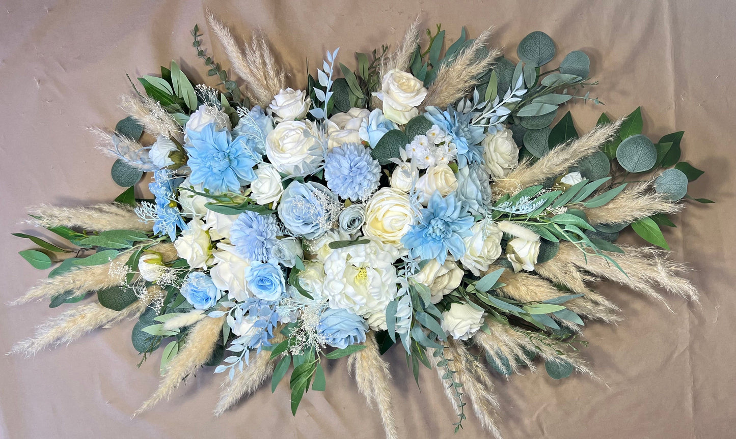 Wedding Arch Arrangement Dusty Baby Blue  Rustic White Blue Arch Aisle Arrangement Arbor Decor Wall Eucalyptus Winter Pampas Grass