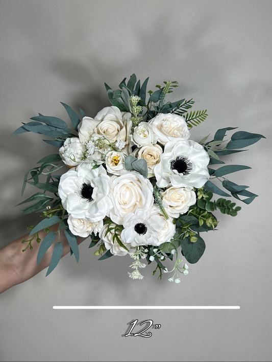 Wedding Bouquet White Anemone Wedding Ivory Anemone Cascade Bouquet Greenery Classic White Anemone Eucalyptus Handmade Decor Artificial Sage