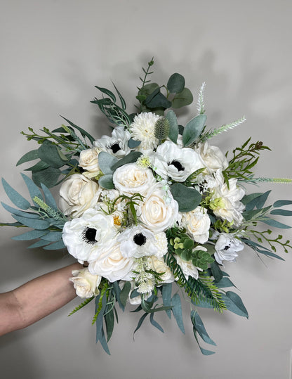 Wedding Bouquet White Anemone Wedding Ivory Anemone Cascade Bouquet Greenery Classic White Anemone Eucalyptus Handmade Decor Artificial Sage