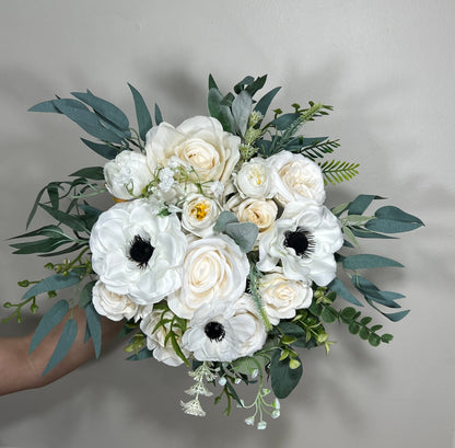 Wedding Bouquet White Anemone Wedding Ivory Anemone Cascade Bouquet Greenery Classic White Anemone Eucalyptus Handmade Decor Artificial Sage