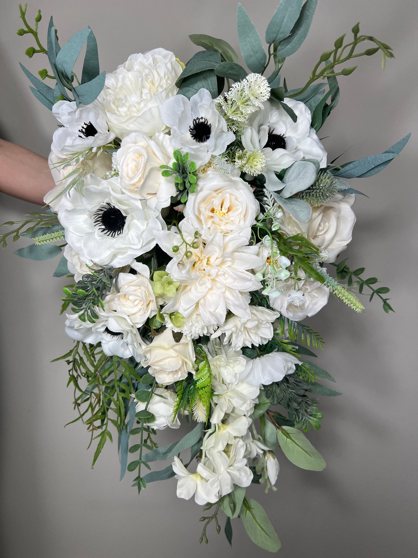 Wedding Bouquet White Anemone Wedding Ivory Anemone Cascade Bouquet Greenery Classic White Anemone Eucalyptus Handmade Decor Artificial Sage