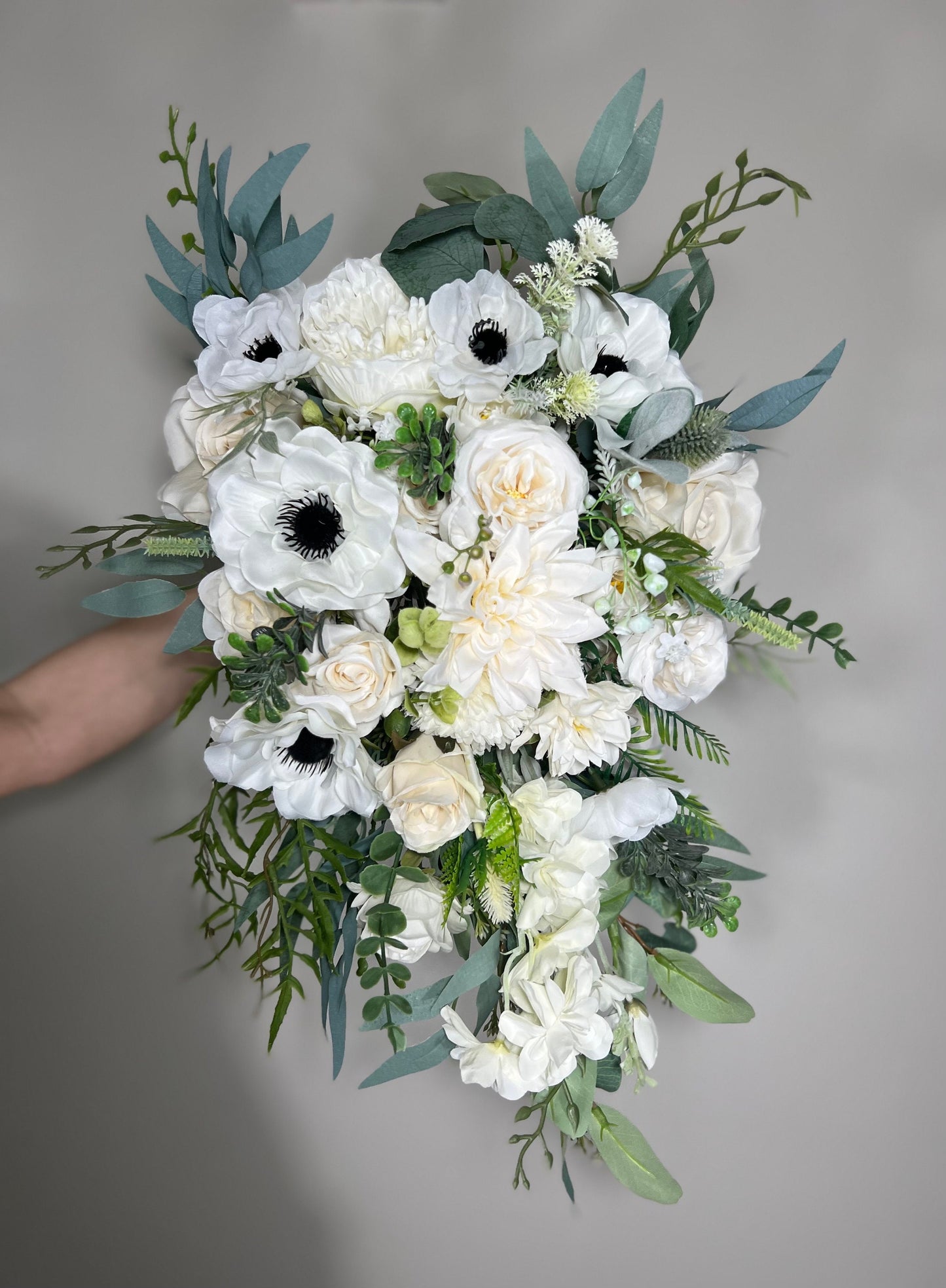 Wedding Bouquet White Anemone Wedding Ivory Anemone Cascade Bouquet Greenery Classic White Anemone Eucalyptus Handmade Decor Artificial Sage