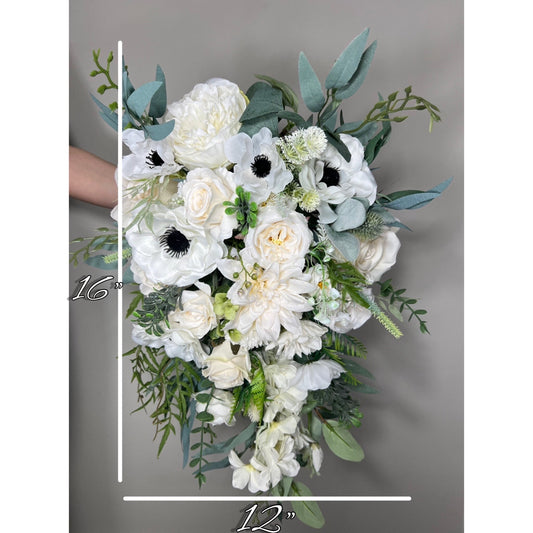 Wedding Bouquet Cascade Anemone White Cascading Bridal Wedding Anemone Bouquet Ivory Sage  Decor Eucalyptus Handmade Artificial Flower