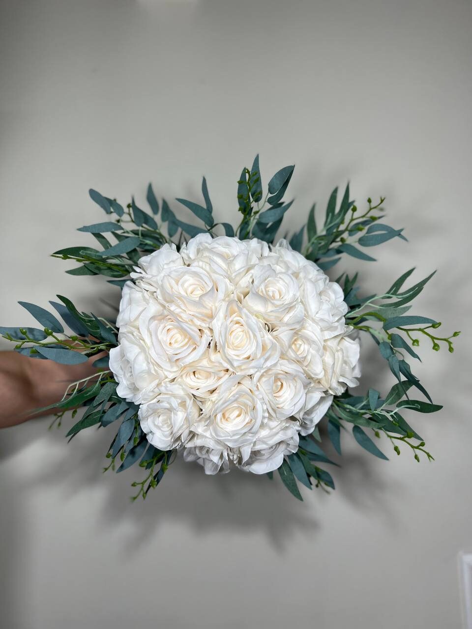 Wedding Bouquet White Bridal Wedding Ivory  Classic Rose Bridesmaids Decor Handmade Artificial Faux Greenery Flower Eucalyptus Decoration