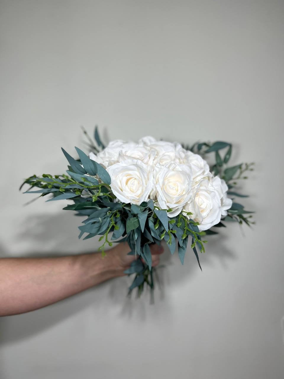 Wedding Bouquet White Bridal Wedding Ivory  Classic Rose Bridesmaids Decor Handmade Artificial Faux Greenery Flower Eucalyptus Decoration