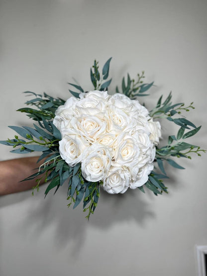 Wedding Bouquet White Bridal Wedding Ivory  Classic Rose Bridesmaids Decor Handmade Artificial Faux Greenery Flower Eucalyptus Decoration