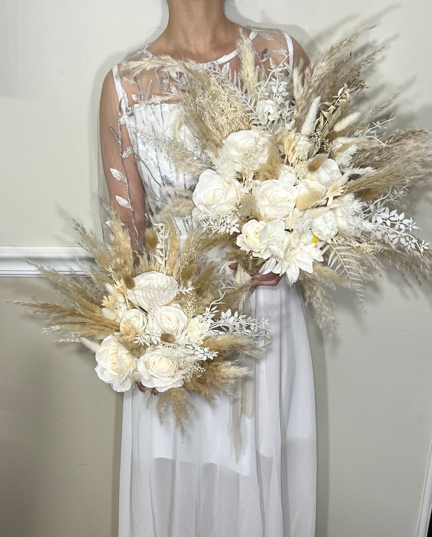 Wedding Bouquet Boho White Bridal Bouquet Pampas Grass Ivory Bridesmaids Decor Palms Leaves White Artificial Flower Dried Dahlia White Rose