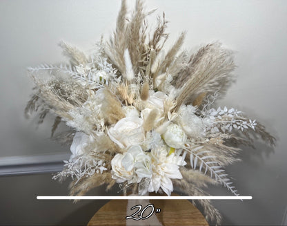 Wedding Bouquet Boho White Bridal Bouquet Pampas Grass Ivory Bridesmaids Decor Palms Leaves White Artificial Flower Dried Dahlia White Rose