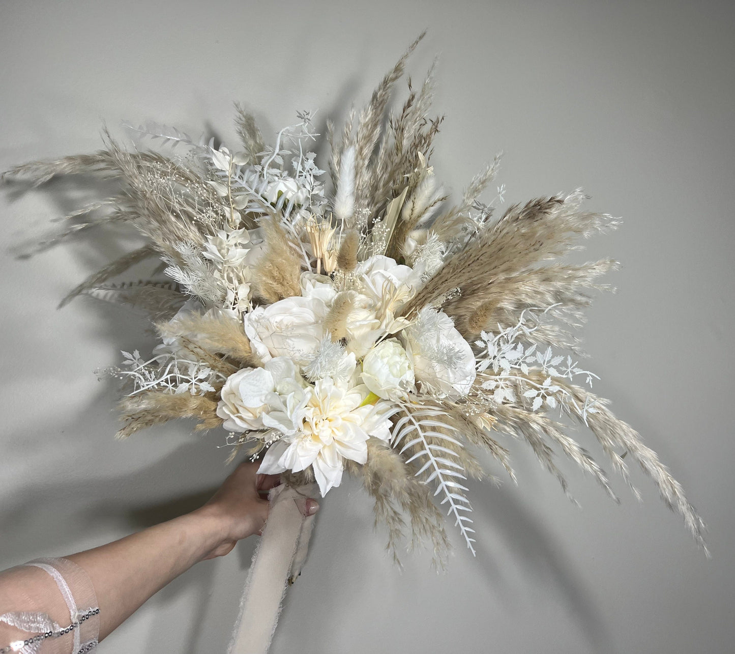 Wedding Bouquet Boho White Bridal Bouquet Pampas Grass Ivory Bridesmaids Decor Palms Leaves White Artificial Flower Dried Dahlia White Rose