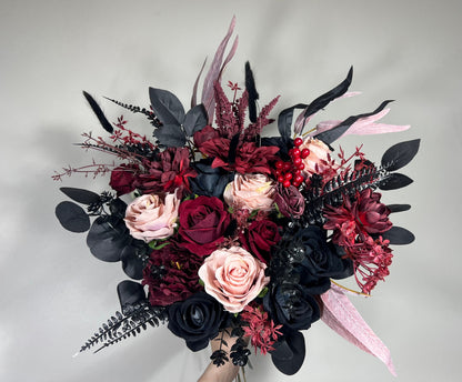 Wedding Bouquet Black Burgundy Gothic Bridal Dusty Rose Halloween Bouquet Black Decor Burgundy Eucalyptus Artificial Flower Bridesmaid