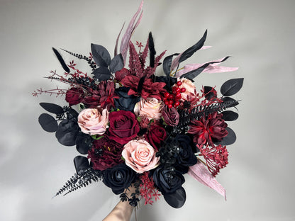 Wedding Bouquet Black Burgundy Gothic Bridal Dusty Rose Halloween Bouquet Black Decor Burgundy Eucalyptus Artificial Flower Bridesmaid