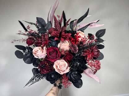 Wedding Bouquet Black Burgundy Gothic Bridal Dusty Rose Halloween Bouquet Black Decor Burgundy Eucalyptus Artificial Flower Bridesmaid