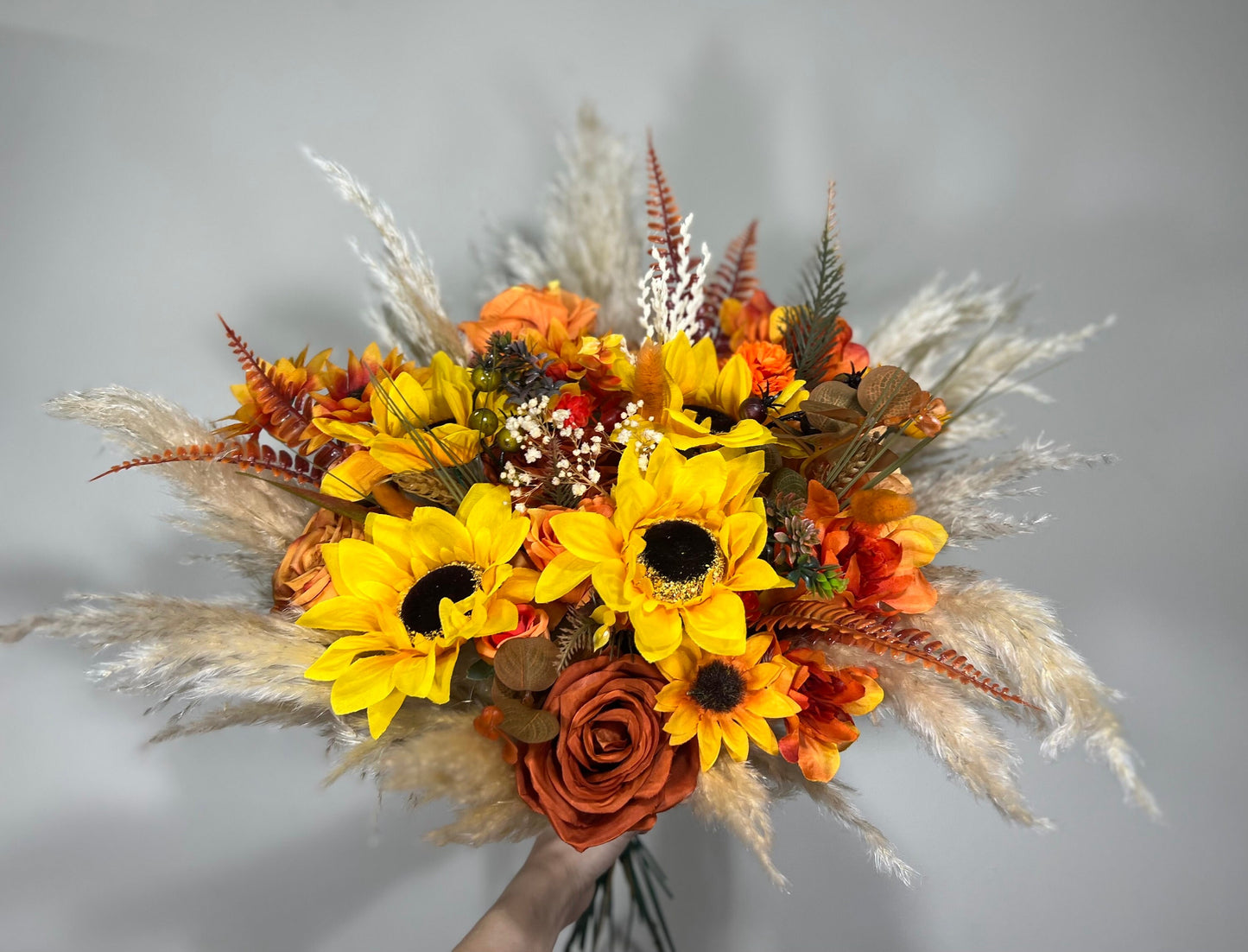 Wedding Bouquet Sunflower Boho Burnt Orange Bridal Terracotta Fall Decor Rust Sunflower Artificial Flowers Dried Pampas Grass Baby Breath