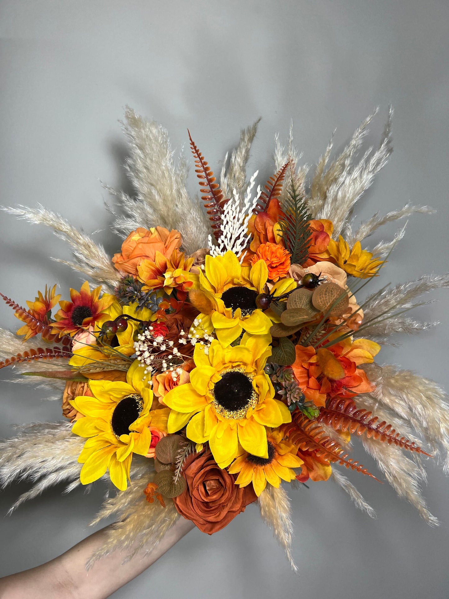 Wedding Bouquet Sunflower Boho Burnt Orange Bridal Terracotta Fall Decor Rust Sunflower Artificial Flowers Dried Pampas Grass Baby Breath